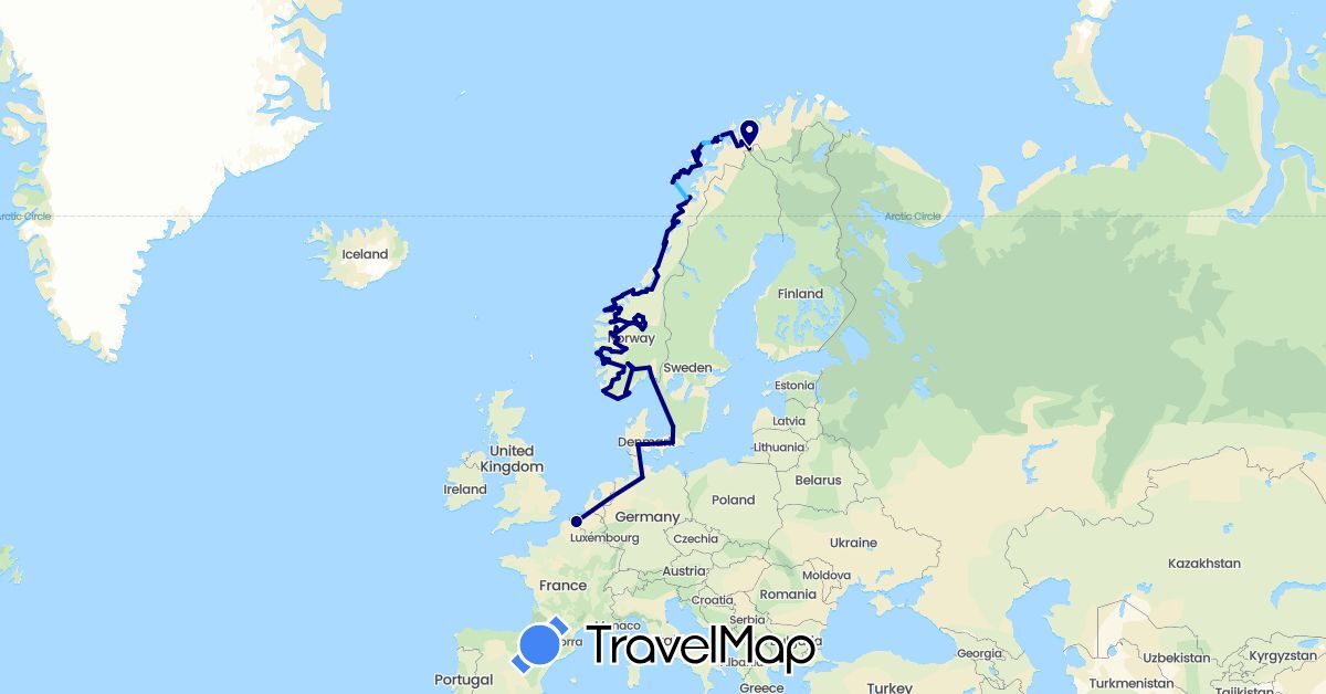 TravelMap itinerary: driving, boat in Belgium, Germany, Denmark, Norway, Sweden (Europe)