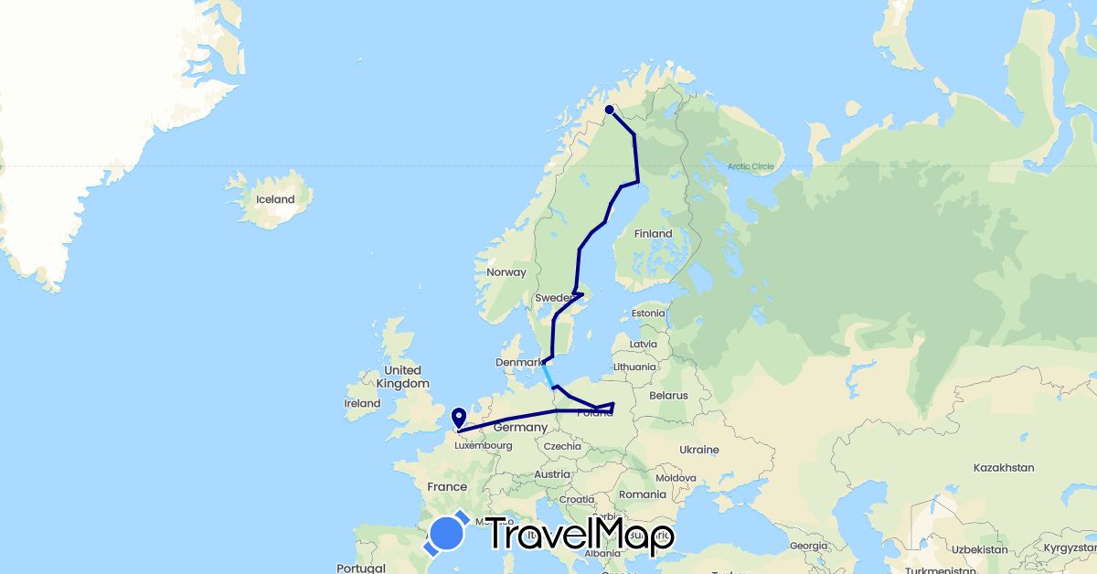TravelMap itinerary: driving, boat in Belgium, Finland, Poland, Sweden (Europe)